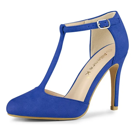 Zapatos De Tacón Tacones De Aguja Punta Redonda Y Tiras En T