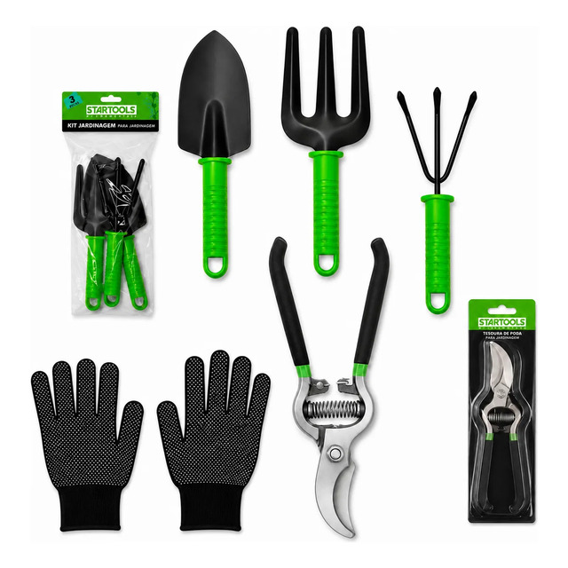 Kit de jardinagem StarTools com 5 peças, incluindo tesoura de poda, pá, ancinho, garfo e um par de luvas pretas com pontos antiderrapantes, todos com cabos verdes.