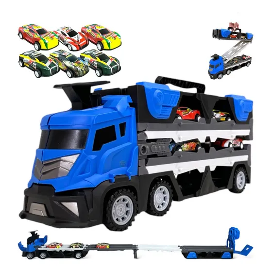 Caminhão Cegonheira Vira Pista + 6 Carrinho Brinquedo Menino