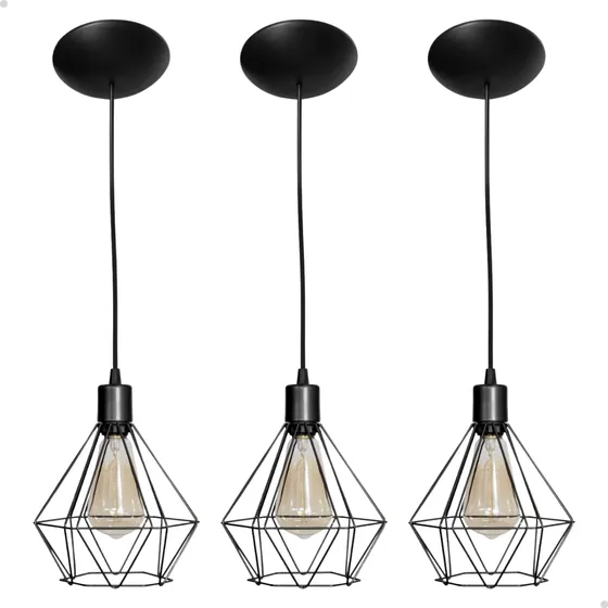 Kit 3 Luminária Pendente Aramado Diamante Preto Cabo Preto