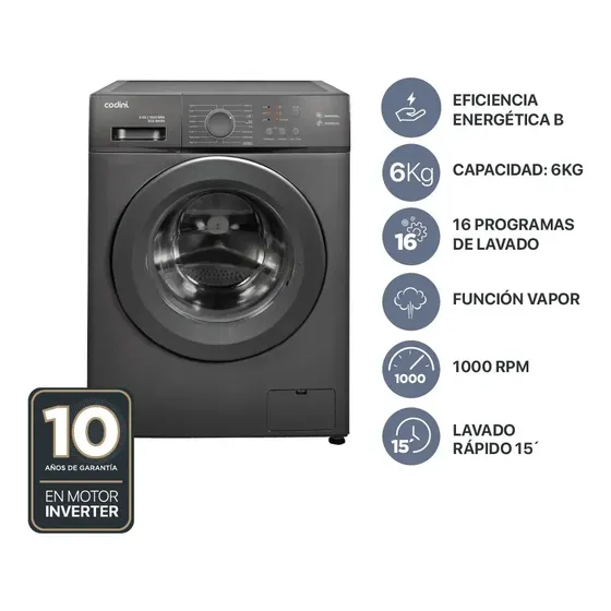 Lavarropas Automático Codini Inverter Steam 6kgs 1000 Rpm Gris