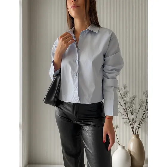 Camisa Corta Manga Larga Poplin Lisa Mujer