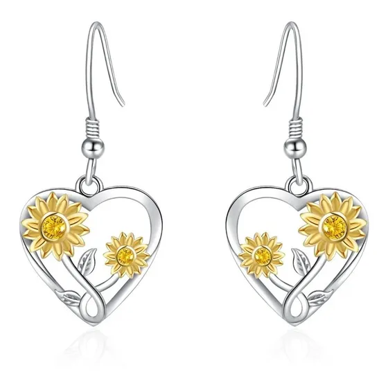Aros Girasol Corazon Pendiente Plata 925 Mujer Joya