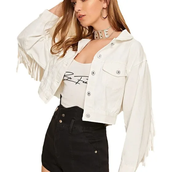 Chaqueta Vaquera Corta Casual Con Flecos Para Mujer [u]
