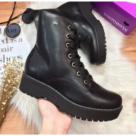 Bota Coturno Feminino Via Marte Tratorada Plataforma Preta Preto Napa Lisa 40 Br