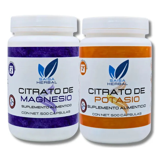 Citrato De Magnesio Y Citrato De Potasio 500 Cápsulas C/u | Suplemento Alimenticio | Saisa Herbal Sin sabor | Alta biodisponibilidad | Apoyo del sueño, Ayuda a fortalecer musculos, Vitalidad