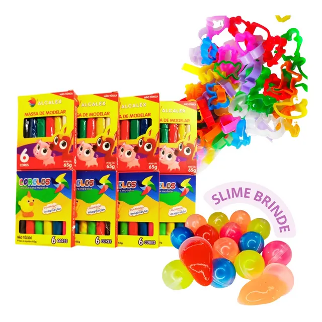Kit 24 Massinha Modelar + 25 Cortador Molde + Slime Brinde