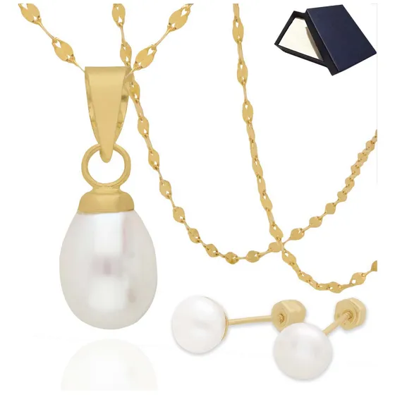 Dije Collar Gargantilla Mujer Perla Oro 10k + Broqueles Aretes Perlas Oro 10k Mujer Dama Niña Joyería Fina Oro Puro 10k Perforación Piercing Perlas Cultivadas Oro Puro 10 Kilates Regalo Mujer Novia