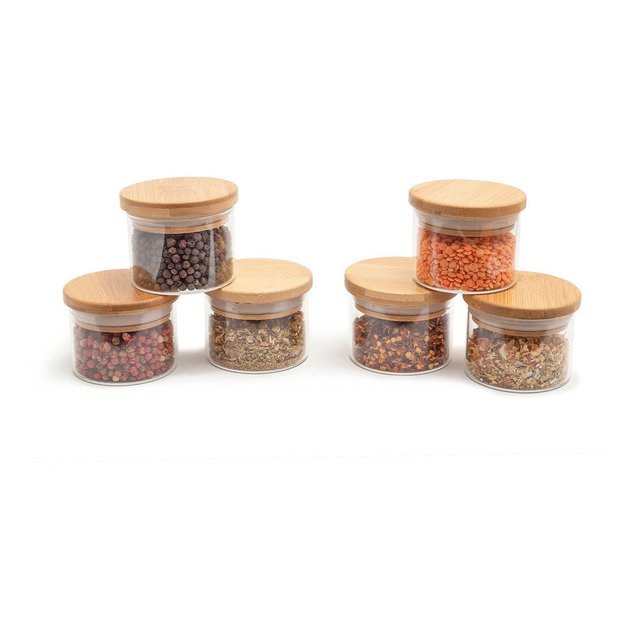 Kit 6 Potes Mantimento Tempero 110ml Vidro Tampa Bambu Oikos Kit 6 Potes Mantimento Tempero 110ml Vidro Tampa Bambu Oikos