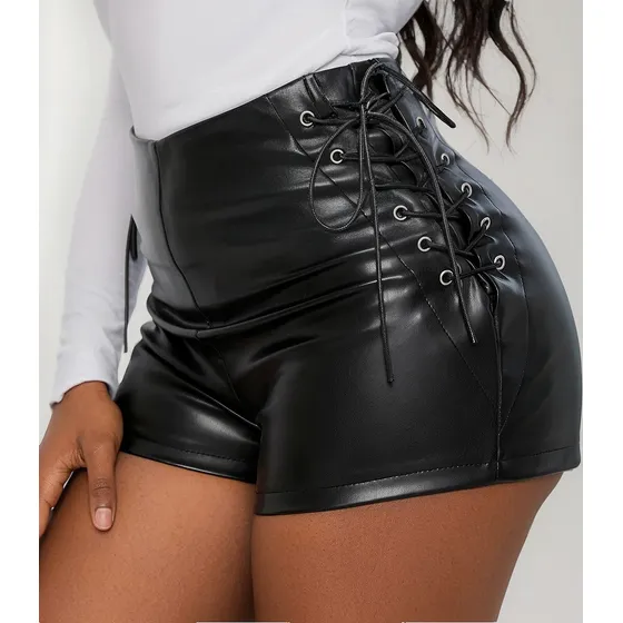 Calções De Couro Pu Elásticos De Cintura Alta, Leggings Femi