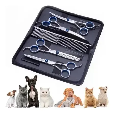 Kit 5 Tesoura Pet Cão Reta E Curva Petshop Tosa Profissional