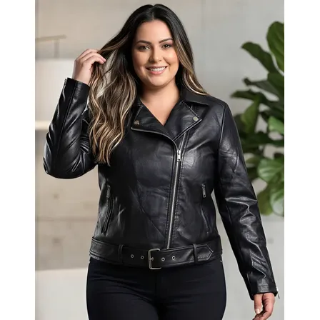 Jaqueta De Couro Plus Size Forrada Zíper Elegante Premium Preto G3 (50/52)