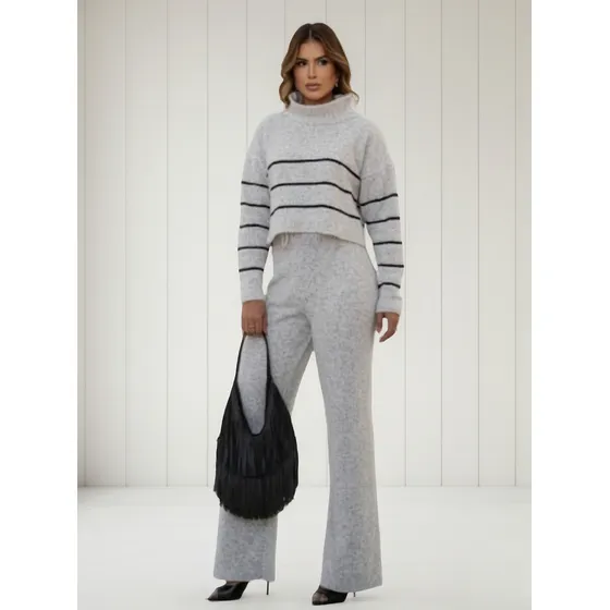 Conjunto Feminino Blusa E Calça  Mousse Listrado Inverno