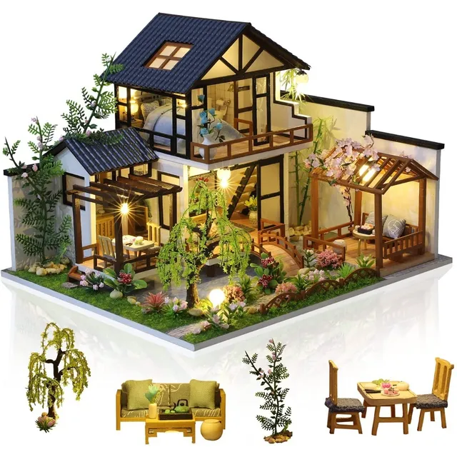 Villa Casita Muñecas Con Piscina Muebles Led Miniatura P01