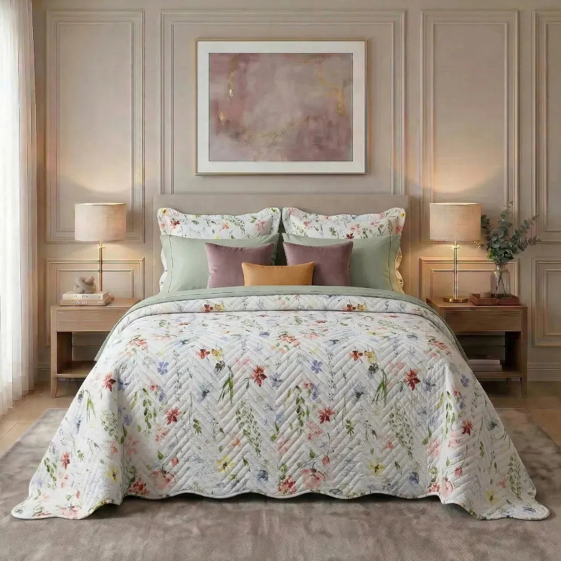 Cama de casal arrumada com kit cobre leito estampado floral, incluindo colcha e travesseiros, em um quarto com decoração clássica e tons neutros.
