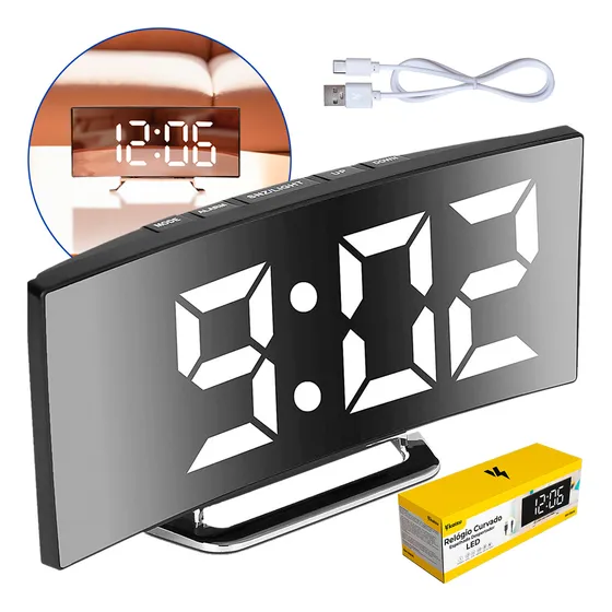 Relógio Digital De Mesa Cabeceira Curvado Espelhado Despertador Alarme Termômetro E Display Led 12h/24h