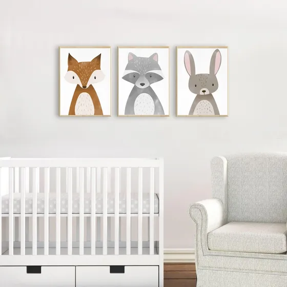 3 Cuadros Infantiles Bebe Niño Niña, Animales 40x30 Cm