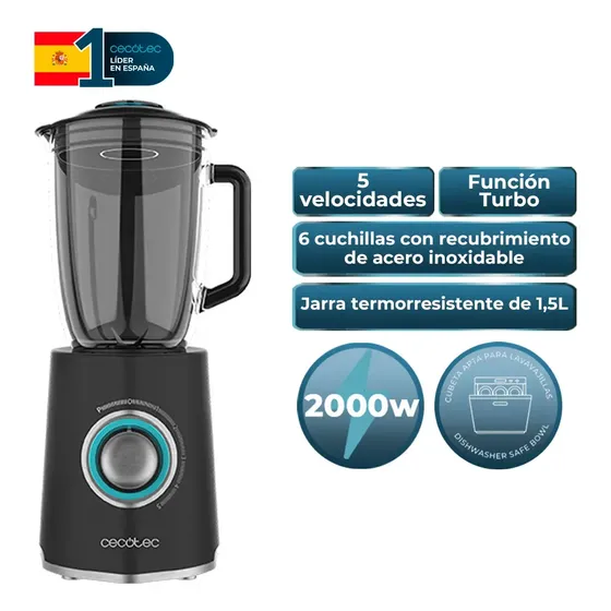 Licuadora de Vaso Cecotec Power Black Titanium 2000 Max Mix&Go 2500w Jarra Vidrio 1,5L Cuchillas Titanio 6 Hojas 5 Velocidades Turbo Vaso Sport Negro