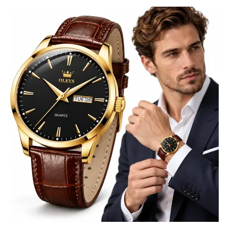 Relógio Masculino Olevs Dourado Couro Marrom Calendário Marrom Dourado Preto