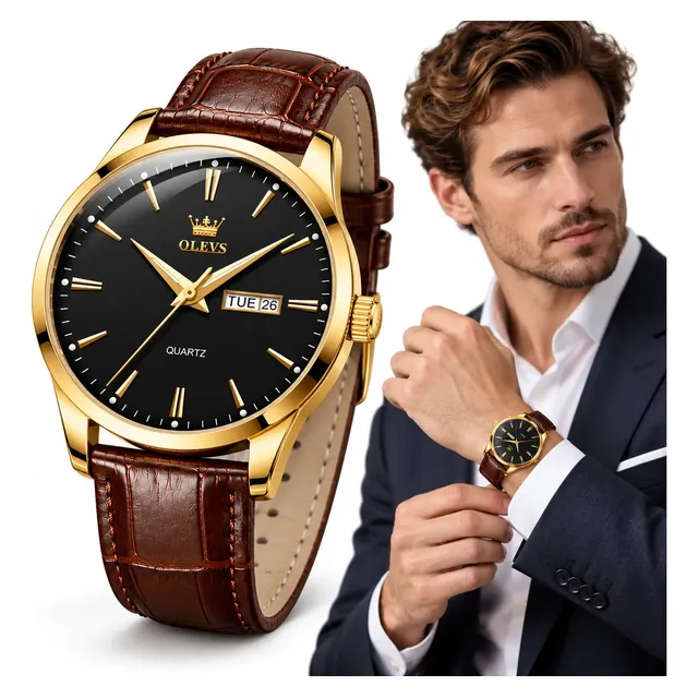 Relógio Masculino Olevs Dourado Couro Marrom