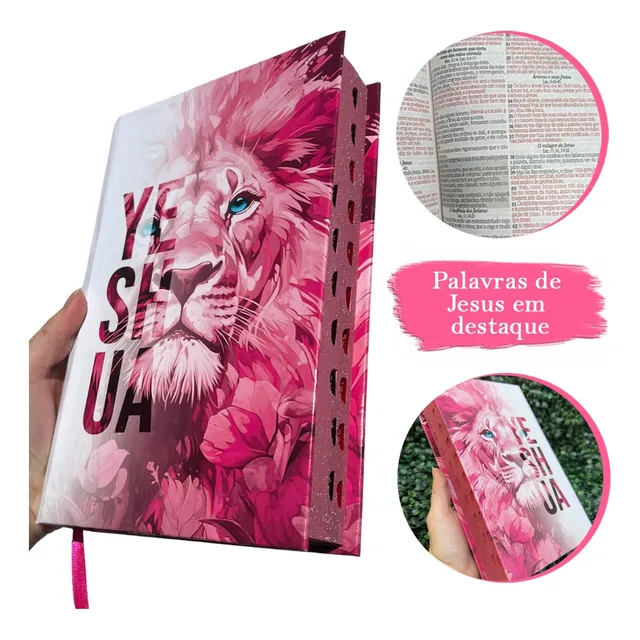 Bíblia Sagrada Feminina Leão Yeshua (jesus) Rosa Capa Dura Com Harpa E Índice Letra Média Versão Arc