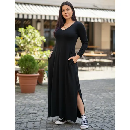 Vestido Gola V Manga Longa