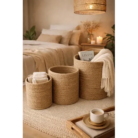 3 Cestos Organizador Rusticos Decoração Sala Quarto Liso Vaso Cachepot Palha Natural P M G Decora Ambiente Boho Cesta Com Proteção Multiuso Organização Decorativo Plantas Artificiais Ou Naturais
