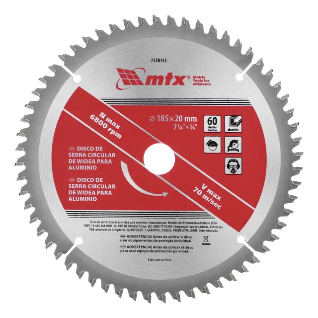 Disco Serra Circular Para Aluminio 185mm 60 Dentes 1pc Mtx