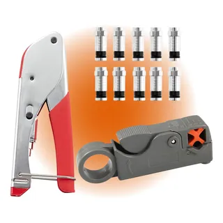 Kit Alicate Crimpar Cabo Coaxial + Decapador + 10 Plugs Conector Rg6 Rg59 Crimpador Descascador Cortador De Fios E Cabos Sign