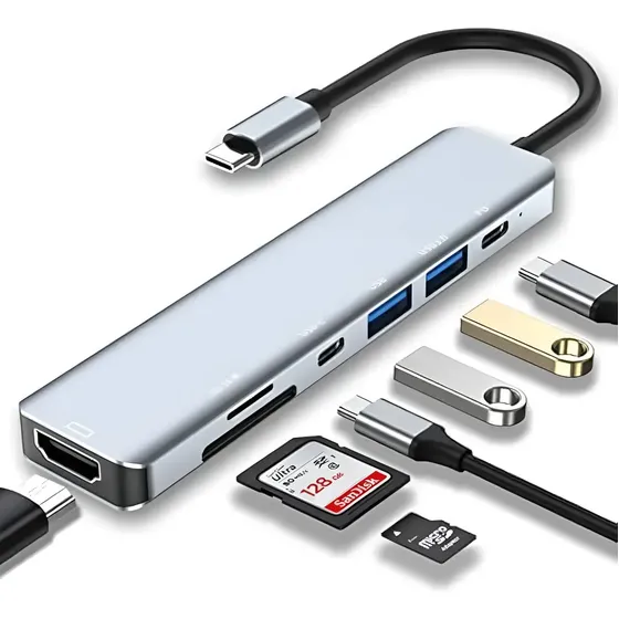 Adaptador Hub 7 Em 1 Dock Station Multiportas Usb C Prateado 4k Hdmi Pd De Carregamento 7 Portas