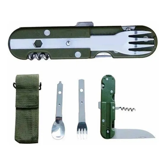 Set Cubierto Plegable Tenedor Cuchillo Cuchara Supervivencia Color Verde