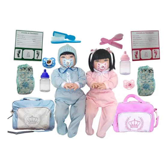 2 Bebês Reborn Casal Gêmeos+ Acessórios+ Bolsa Maternidade.