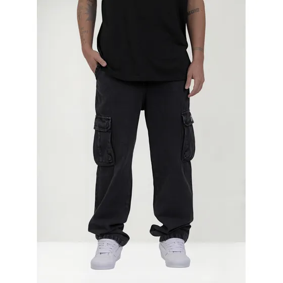 Pantalón Cargo Unisex Connected Oversize Jean Negro Moda