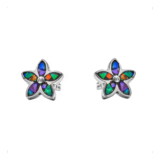 Arete Broquel Plata 925 Flor Opalo Multicolor Agálea
