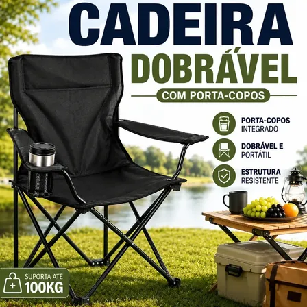 Cadeira Dobrável Camping Pesca Praia com Porta Copos e Bolsa Portátil Resistente em Aço Oxford Preta