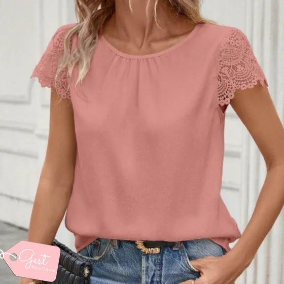 Blusa Para Dama Rosa Cuello Redondo Con Mangas De Encaje