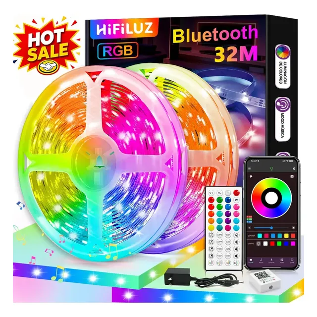 Hifiluz Tiras De Led 32m Bluetooth Rgb,luces Led Inteligentes Multicolor 16leds/m,sincronización Con Música,control Por 