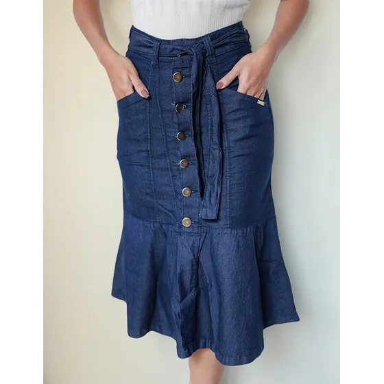 Saia Jeans Longa Tecido Leve Premium Babado Moda Cristã