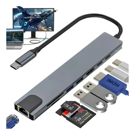 Hub USB C Multipuerto Adaptador Tipo C Usb 3.0 8 en 1 con HDMI 4K, Carga Rápida PD100W y Ethernet Lector de Tarjetas para Portátiles para MacBook, iPad