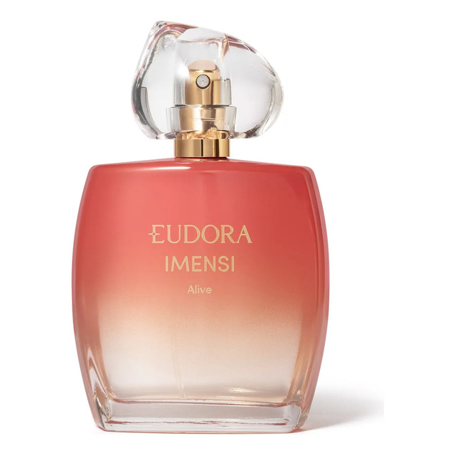Frasco de perfume Eudora Imensi Alive de 100ml com degradê alaranjado e tampa transparente sobre fundo branco
