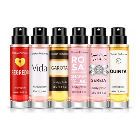 Kit 6 Body Splash Leve Feminino Shakan Perfumes - Colônia Fixação Aroma Marcante 60 Ml