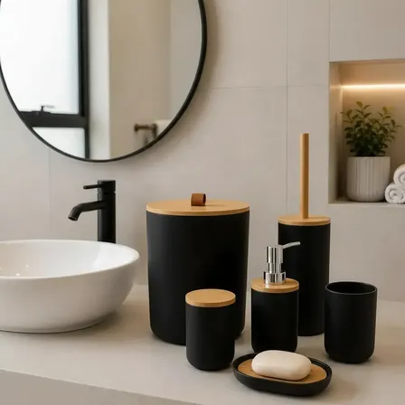 Kit Acessórios Banheiro 6 Peças Lixeira Escova Sanitária Dispenser Sabão Líquido