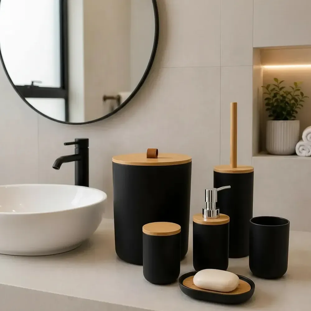 Kit Acessórios Banheiro 6 Peças Lixeira Escova Sanitária Dispenser Sabão Líquido Porta Escova Dente Saboneteira Cor Preto