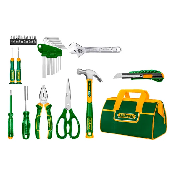 Kit De Herramienta 28 Piezas Martillo Tijera Puntas Cutter Color Verde Con Amarillo
