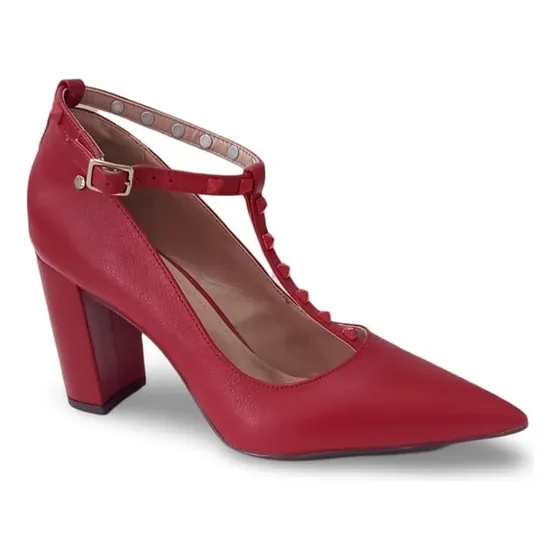 Sapato Scarpin Tira Salto Grosso Vermelho De Couro Solis