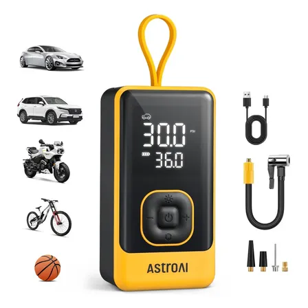 Compressor Portátil Pneu+bomba Ar 3600mah Inflador Astroai Cor Amarelo Fase Elétrica Bifásica 12v