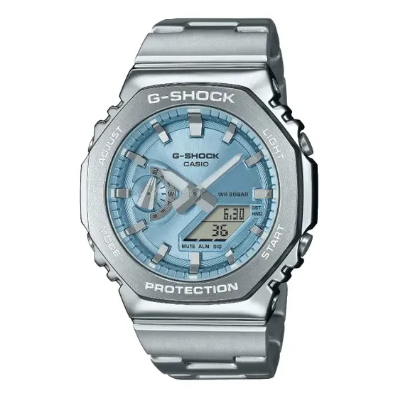 Reloj Casio G-shock Dig/analogo Para Hombre Correa Plateado Bisel Plateado Fondo Azul