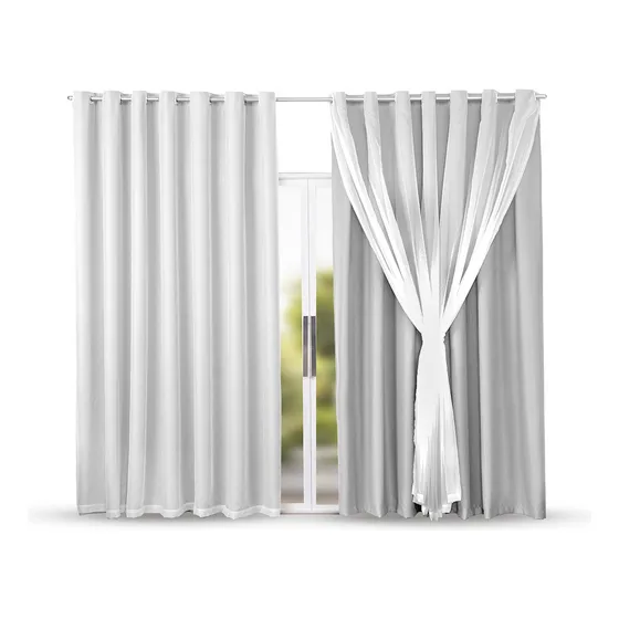 Cortina Blackout Com Voil 3,00m X 2,70m Blecaute Em Tecido Para Quarto E Sala - Cor Branco/Gelo