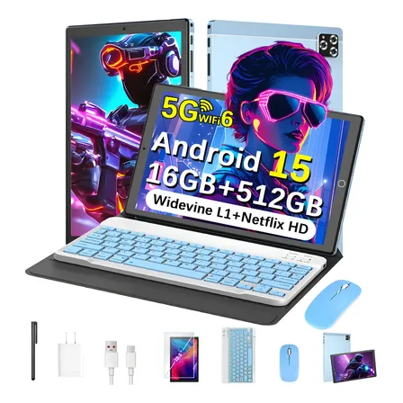 2025 Tablet 10.1 Android 15 16gb Ram+512gb+1tbtf Antena Wifi Para Tablets 8 Nucleos Con Funda Color Azul Tableta 2 En 1 Con Teclado Mouse Funda Tablet Widevine L1, Control Bluetooth 5, 10000mah 5/8mp