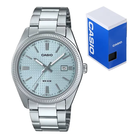 Reloj Casio Mtp 1302pec 2av Azul Cuadricula Acero Fechador Correa Plateado Bisel Plateado Fondo Azul Claro
